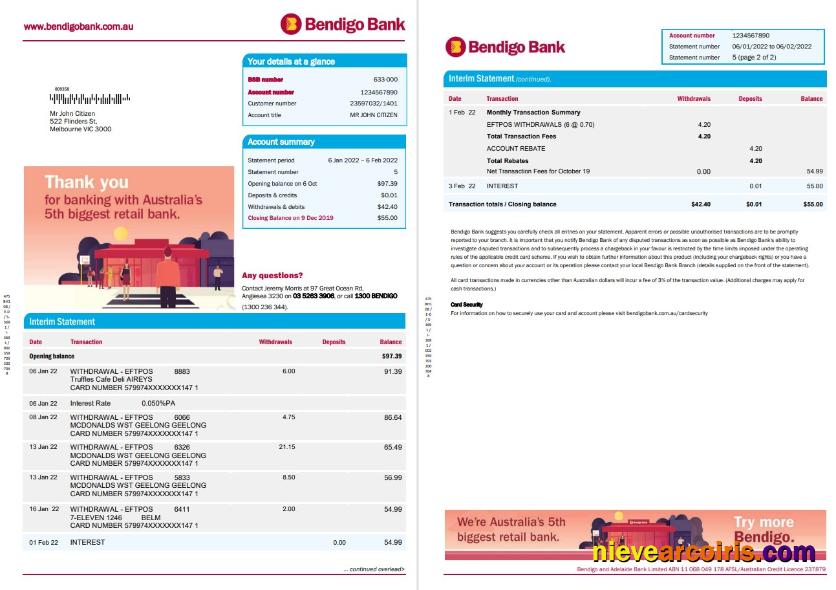 Australia Bendigo Bank Statement